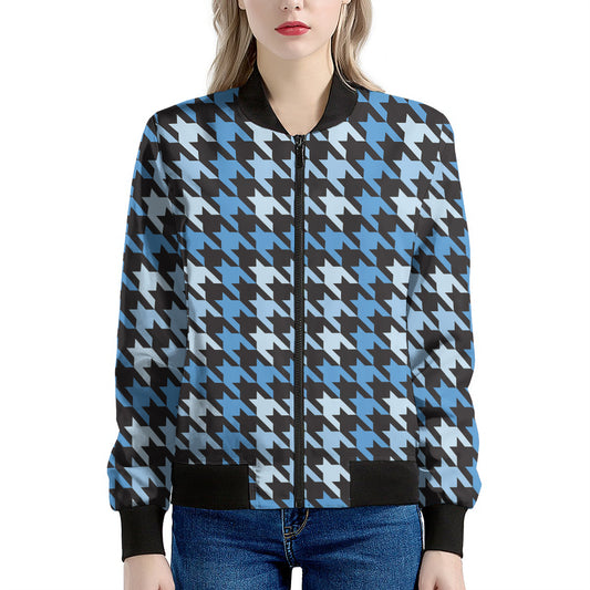 Blue Houndstooth Pattern Print Women's Bomber Jacket