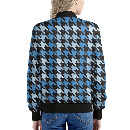 Blue Houndstooth Pattern Print Women's Bomber Jacket