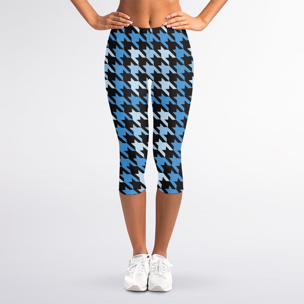 Blue Houndstooth Pattern Print Women's Capri Leggings