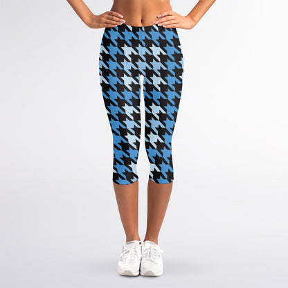 Blue Houndstooth Pattern Print Women's Capri Leggings