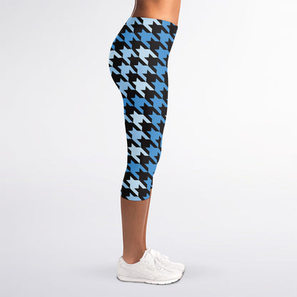 Blue Houndstooth Pattern Print Women's Capri Leggings