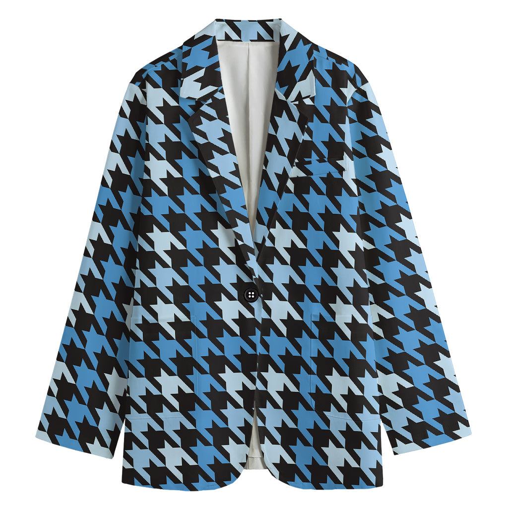 Blue Houndstooth Pattern Print Women's Cotton Blazer
