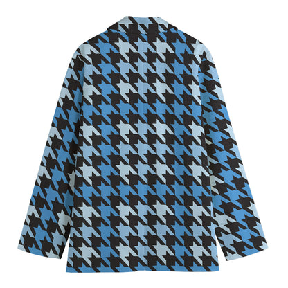 Blue Houndstooth Pattern Print Women's Cotton Blazer