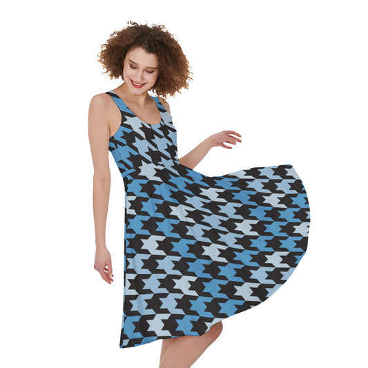 Blue Houndstooth Pattern Print Women's Sleeveless Dress