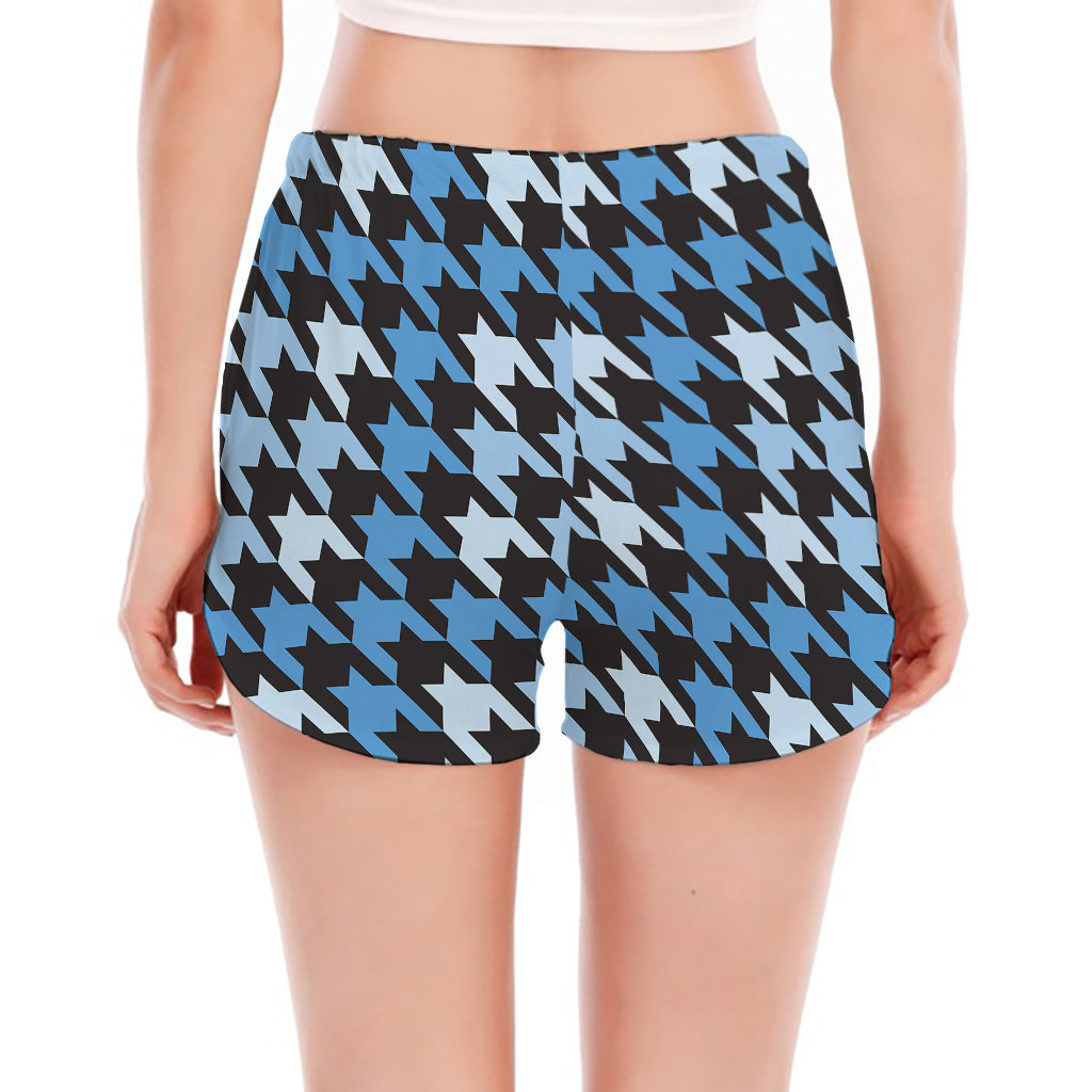 Blue Houndstooth Pattern Print Women's Split Running Shorts