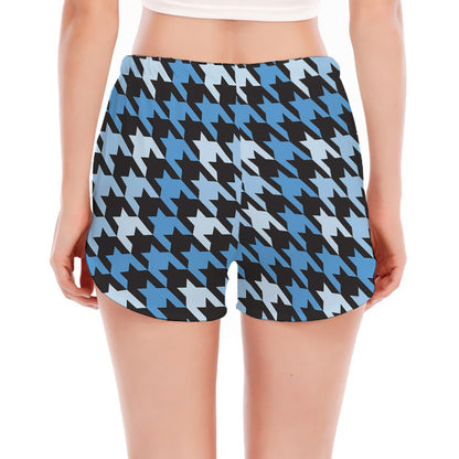 Blue Houndstooth Pattern Print Women's Split Running Shorts