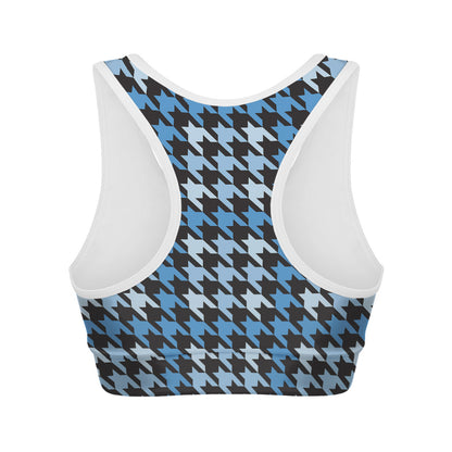 Blue Houndstooth Pattern Print Women's Sports Bra
