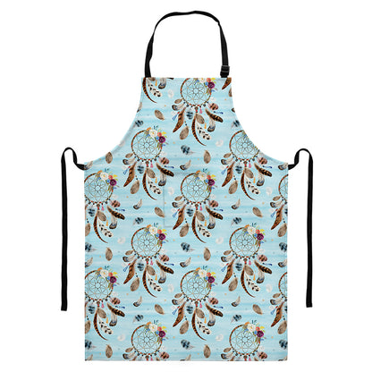 Blue Indian Dream Catcher Pattern Print Bib Apron With Pocket