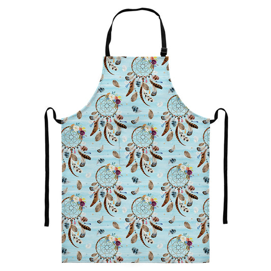 Blue Indian Dream Catcher Pattern Print Bib Apron With Pocket