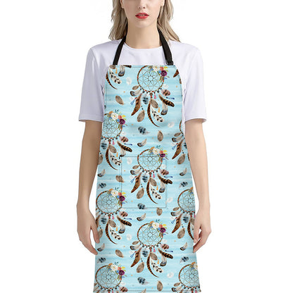 Blue Indian Dream Catcher Pattern Print Bib Apron With Pocket