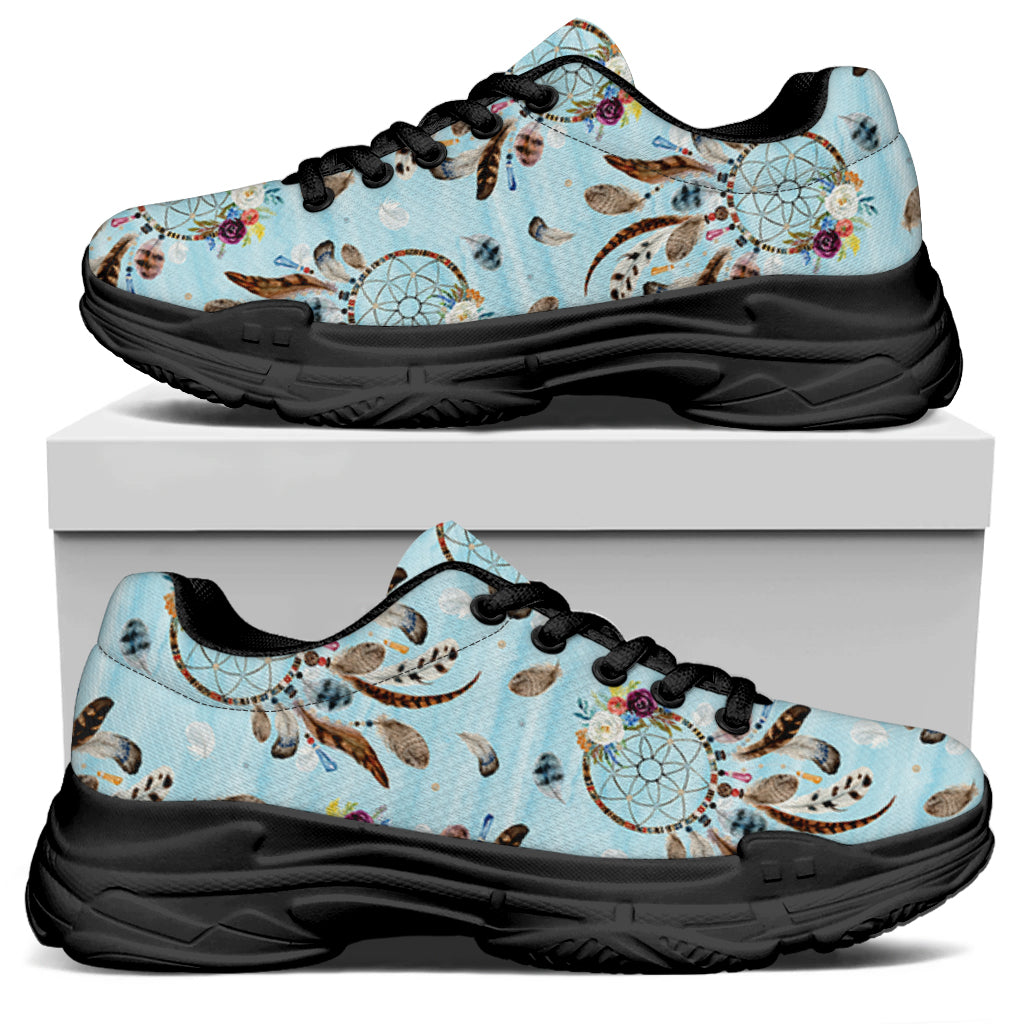 Blue Indian Dream Catcher Pattern Print Black Chunky Shoes