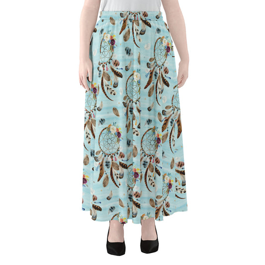 Blue Indian Dream Catcher Pattern Print Chiffon Maxi Skirt
