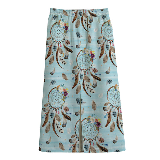 Blue Indian Dream Catcher Pattern Print Cotton Front Slit Maxi Skirt