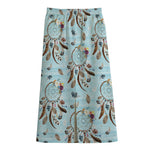 Blue Indian Dream Catcher Pattern Print Cotton Front Slit Maxi Skirt