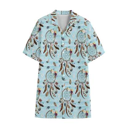 Blue Indian Dream Catcher Pattern Print Cotton Hawaiian Shirt