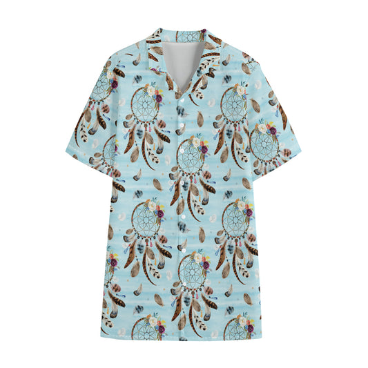Blue Indian Dream Catcher Pattern Print Cotton Hawaiian Shirt