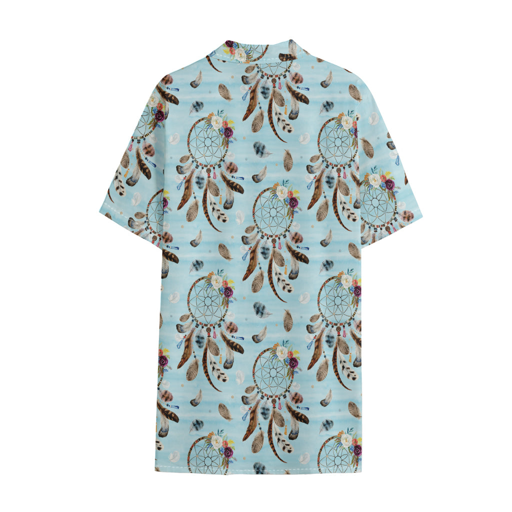 Blue Indian Dream Catcher Pattern Print Cotton Hawaiian Shirt