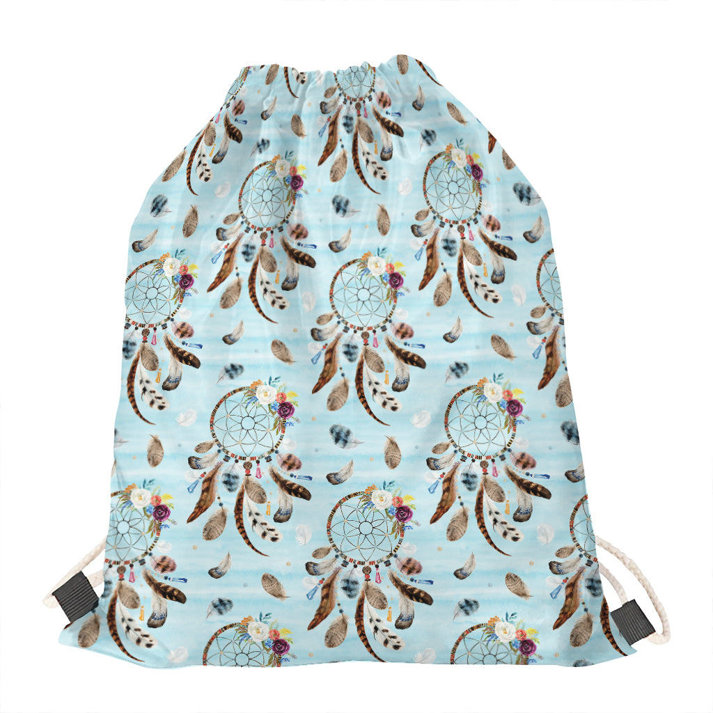 Blue Indian Dream Catcher Pattern Print Drawstring Bag