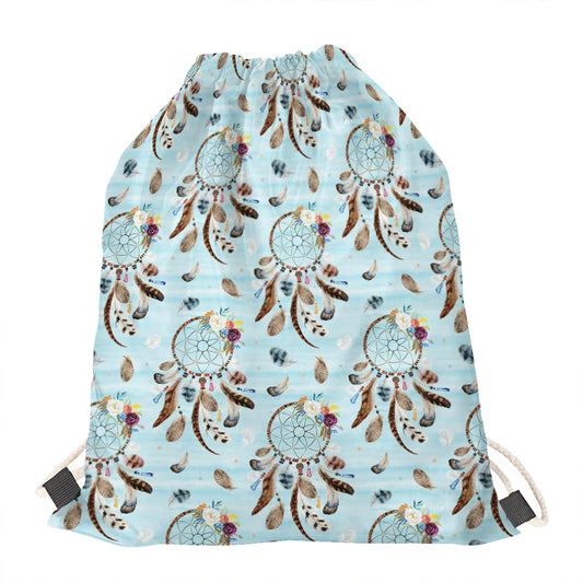 Blue Indian Dream Catcher Pattern Print Drawstring Bag