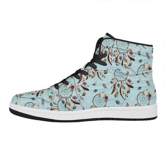 Blue Indian Dream Catcher Pattern Print High Top Leather Sneakers