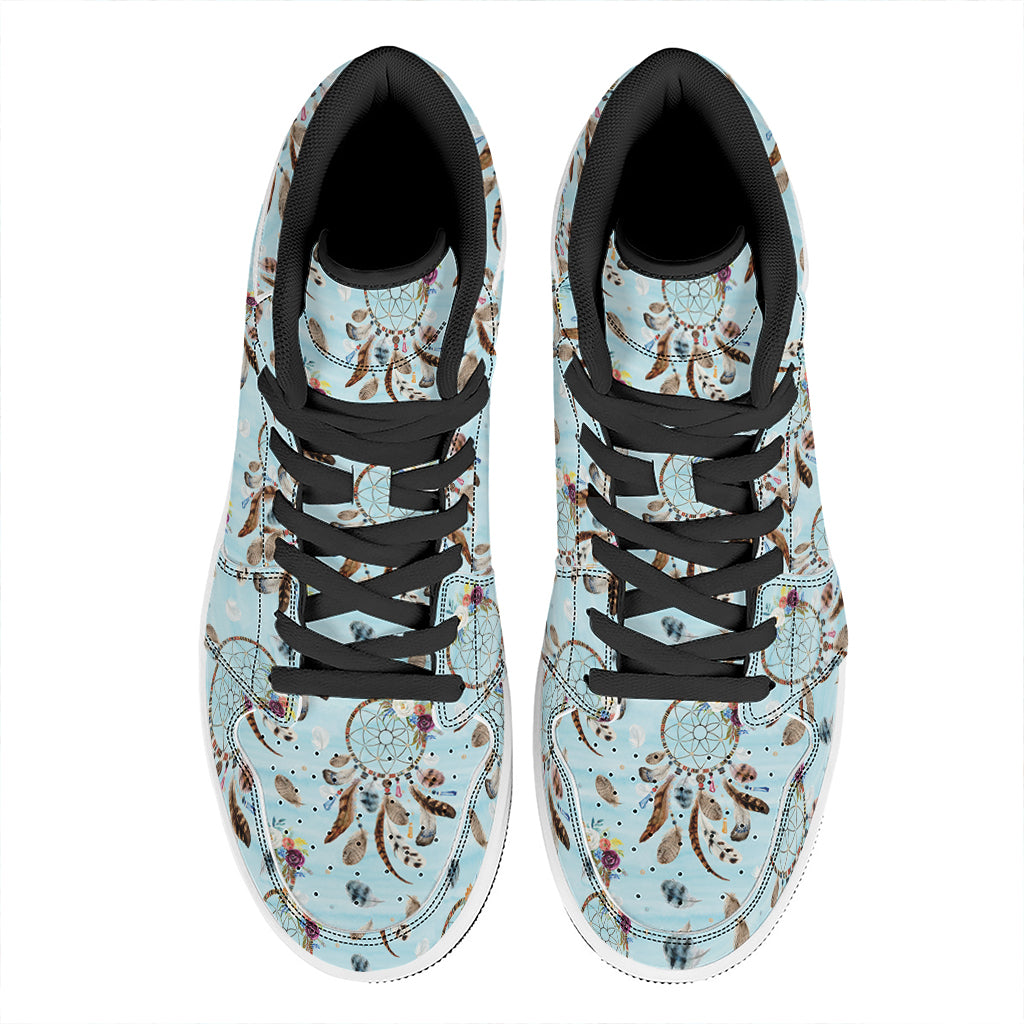 Blue Indian Dream Catcher Pattern Print High Top Leather Sneakers