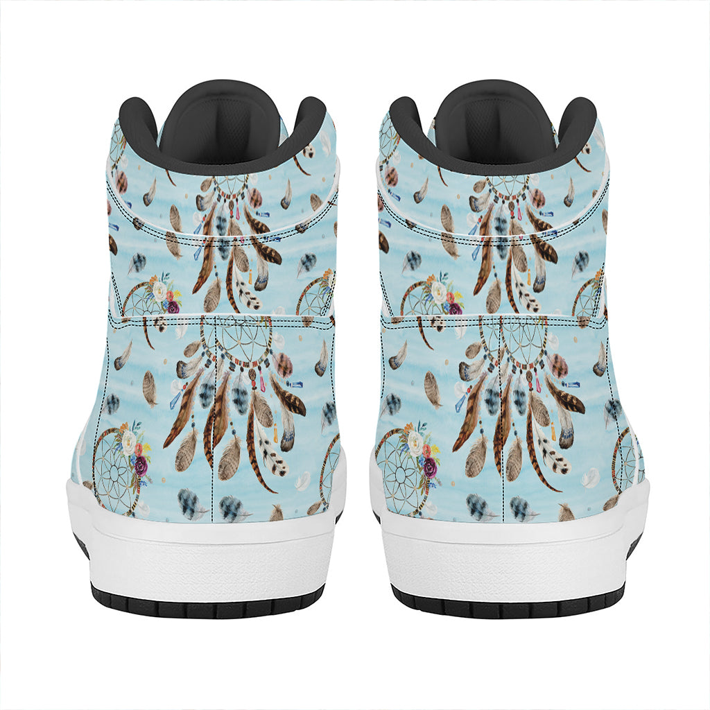 Blue Indian Dream Catcher Pattern Print High Top Leather Sneakers