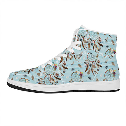 Blue Indian Dream Catcher Pattern Print High Top Leather Sneakers
