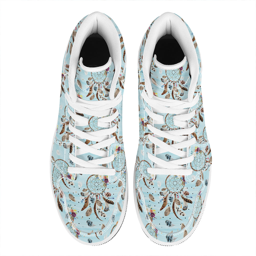 Blue Indian Dream Catcher Pattern Print High Top Leather Sneakers