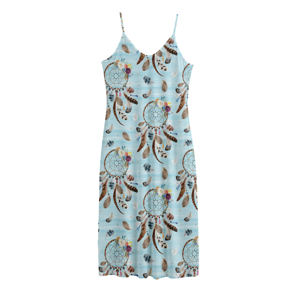Blue Indian Dream Catcher Pattern Print Jersey Midi Cami Dress