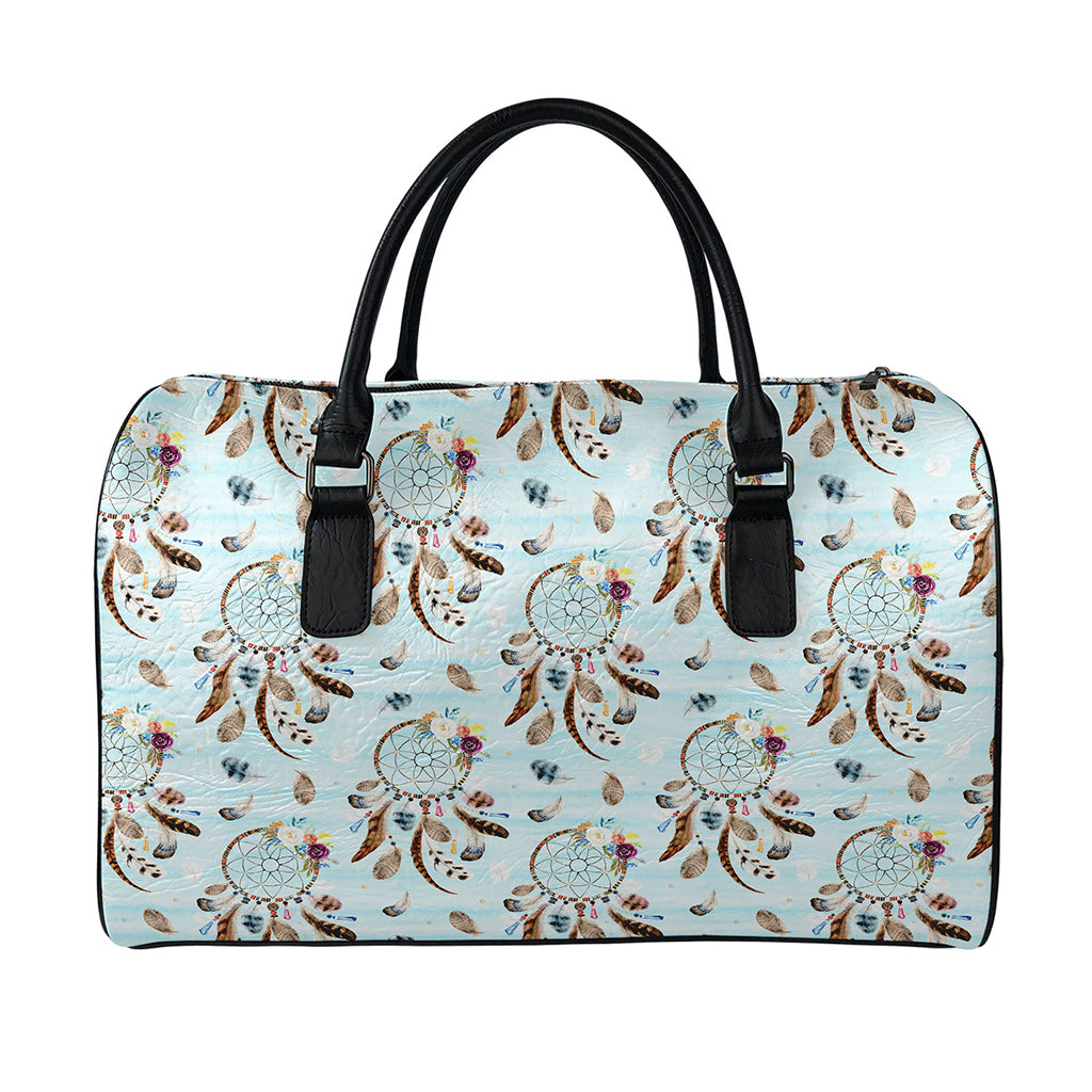 Blue Indian Dream Catcher Pattern Print Leather Duffle Bag