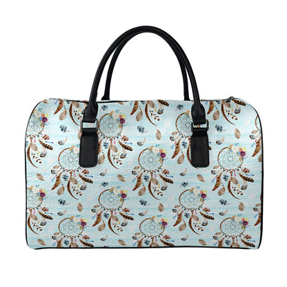 Blue Indian Dream Catcher Pattern Print Leather Duffle Bag