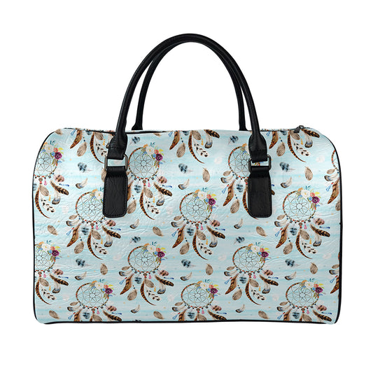 Blue Indian Dream Catcher Pattern Print Leather Duffle Bag
