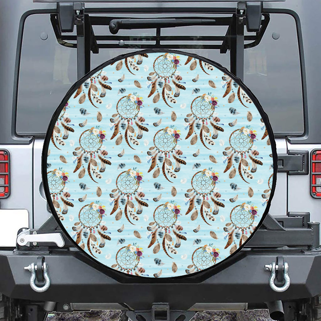 Blue Indian Dream Catcher Pattern Print Leather Spare Tire Cover