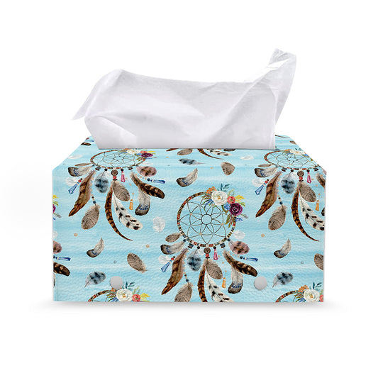 Blue Indian Dream Catcher Pattern Print Leather Tissue Box Cover