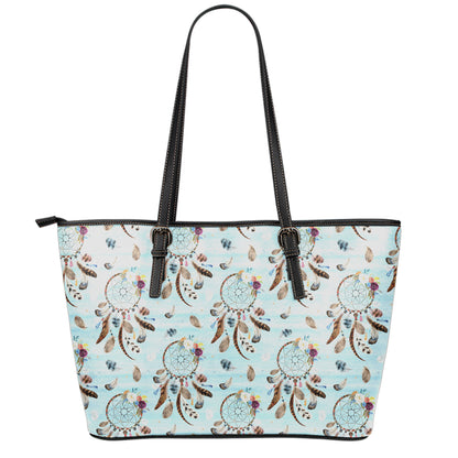 Blue Indian Dream Catcher Pattern Print Leather Tote Bag