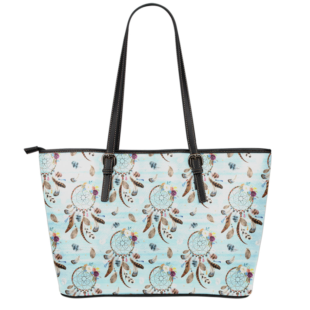 Blue Indian Dream Catcher Pattern Print Leather Tote Bag