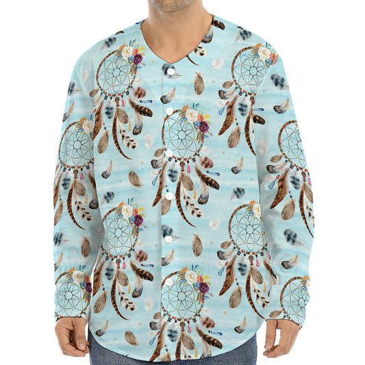Blue Indian Dream Catcher Pattern Print Long Sleeve Baseball Jersey