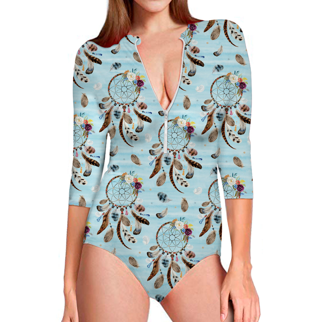 Blue Indian Dream Catcher Pattern Print Long Sleeve Swimsuit