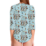 Blue Indian Dream Catcher Pattern Print Long Sleeve Swimsuit