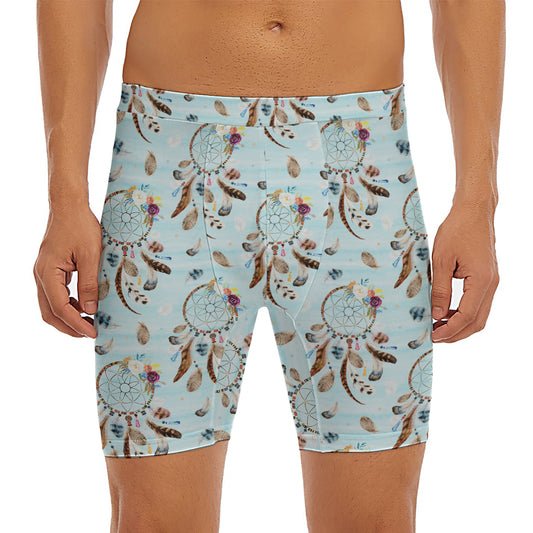 Blue Indian Dream Catcher Pattern Print Men's Long Boxer Briefs