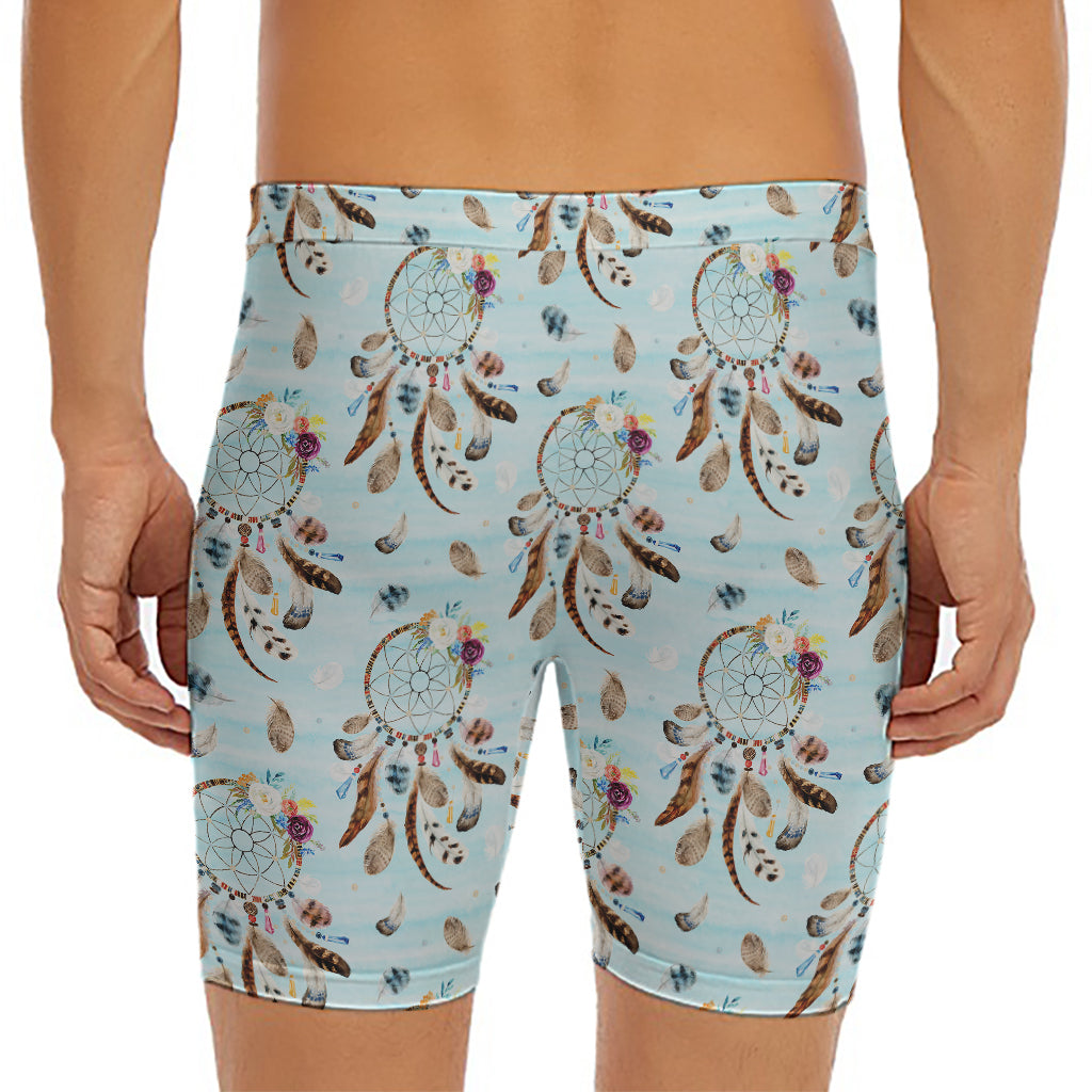 Blue Indian Dream Catcher Pattern Print Men's Long Boxer Briefs