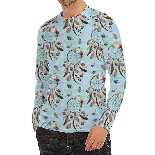 Blue Indian Dream Catcher Pattern Print Men's Long Sleeve Rash Guard