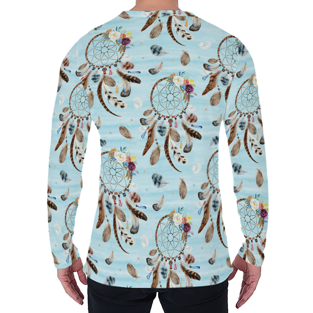 Blue Indian Dream Catcher Pattern Print Men's Long Sleeve T-Shirt