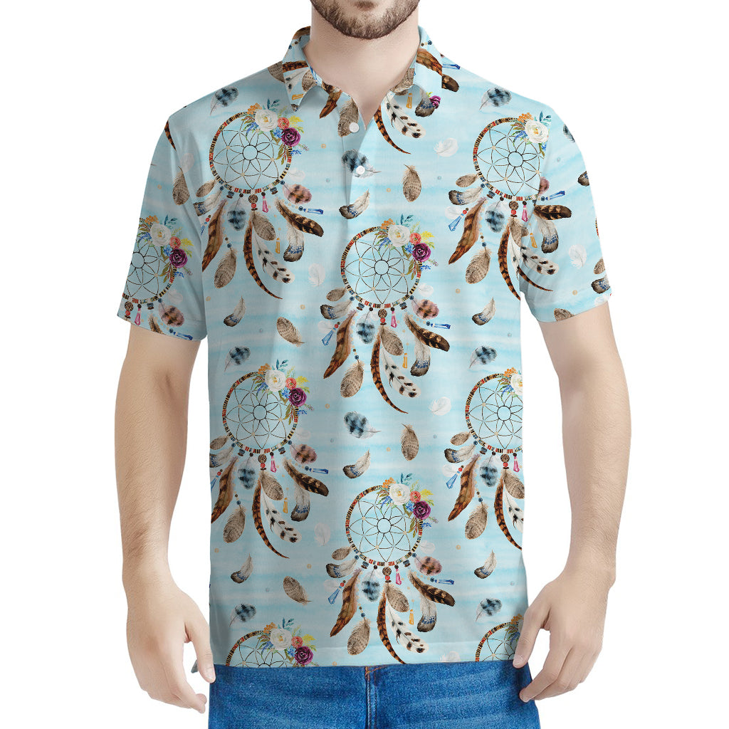 Blue Indian Dream Catcher Pattern Print Men's Polo Shirt