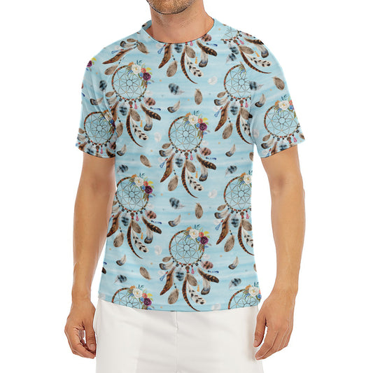 Blue Indian Dream Catcher Pattern Print Men's Short Sleeve Rash Guard