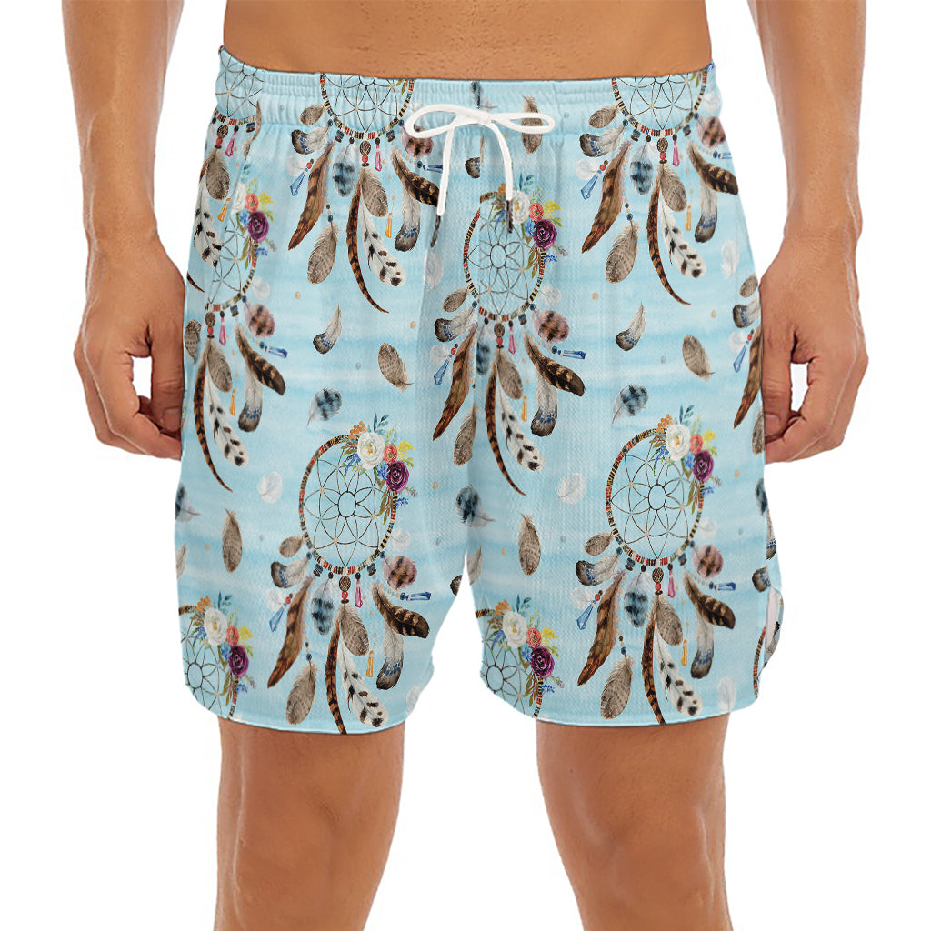 Blue Indian Dream Catcher Pattern Print Men's Split Running Shorts