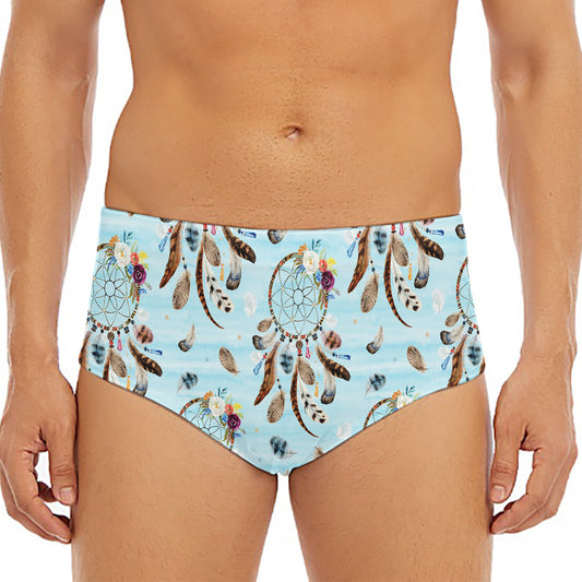 Blue Indian Dream Catcher Pattern Print Men's Triangle Swim Briefs