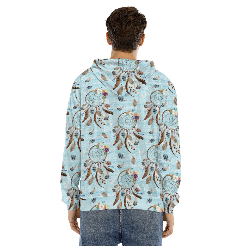 Blue Indian Dream Catcher Pattern Print Men's Velvet Pullover Hoodie