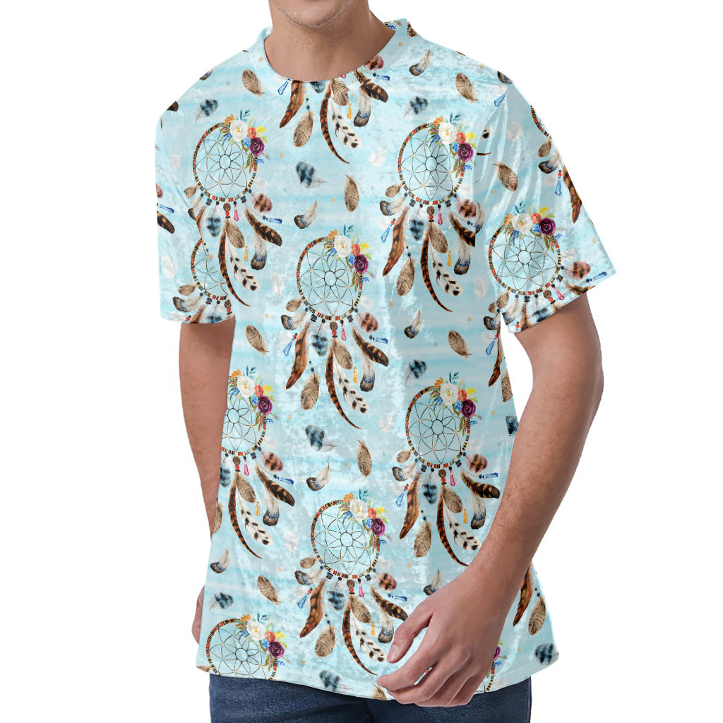 Blue Indian Dream Catcher Pattern Print Men's Velvet T-Shirt