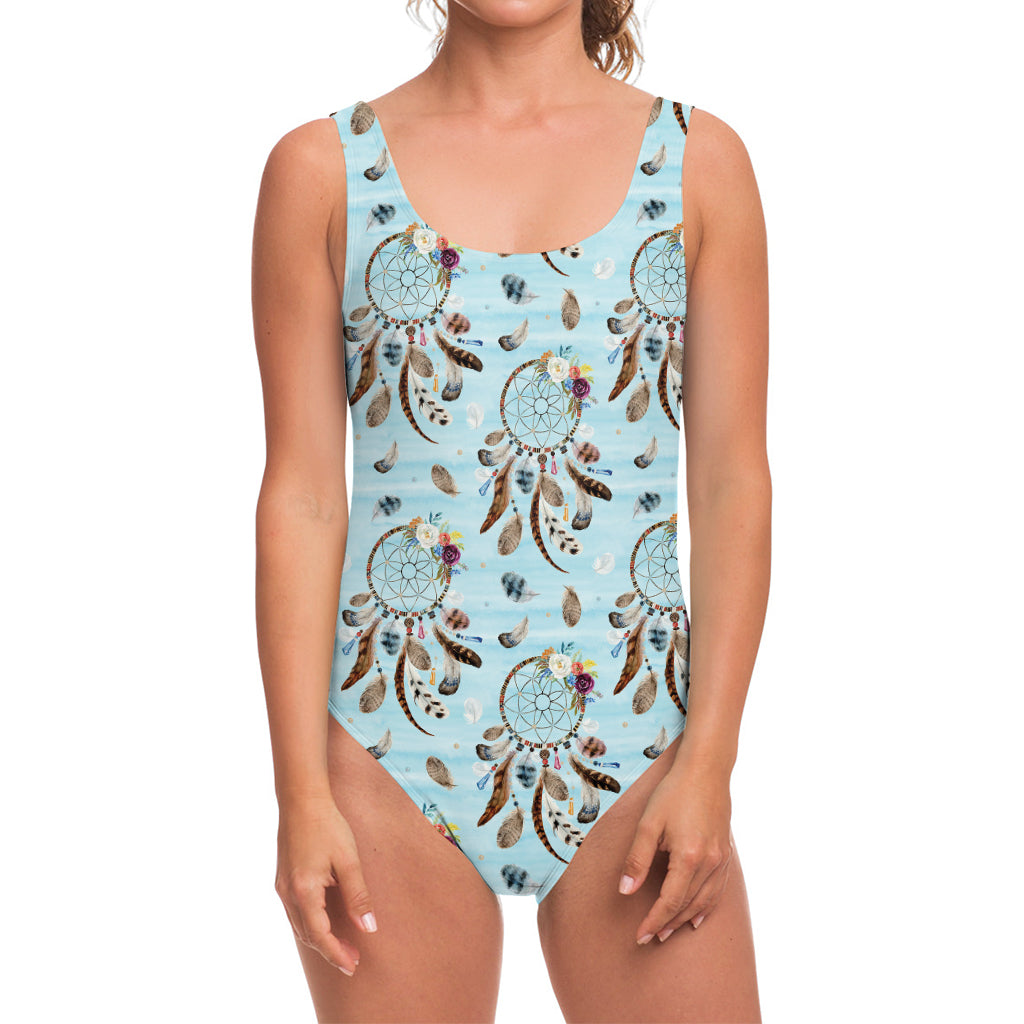 Blue Indian Dream Catcher Pattern Print One Piece Swimsuit